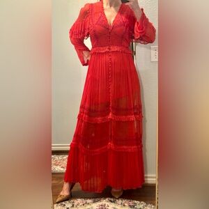 ✨ Extremely Rare Free People Embroidered Red Maxi Dress Small Boho FP One Lace